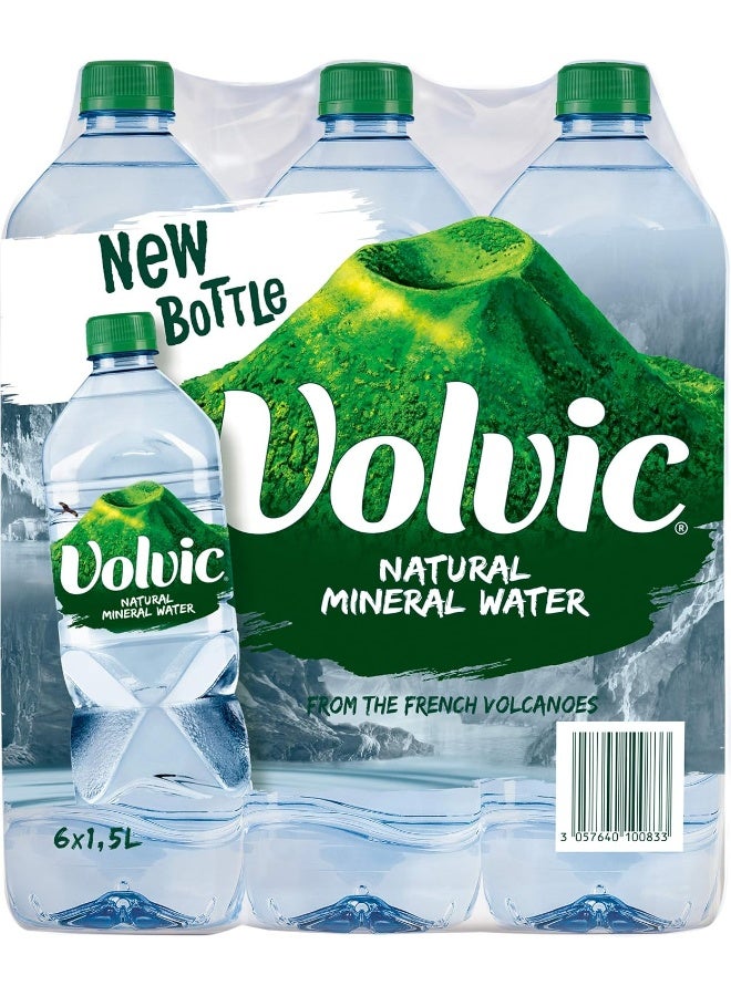 Volvic مياه فوليك الطبيعية، مياه معدنية للشرب، زجاجة مياه مستدامة المصدر، علبة من 6 × 1.5 لتر من زجاجات فوليك - Image 1