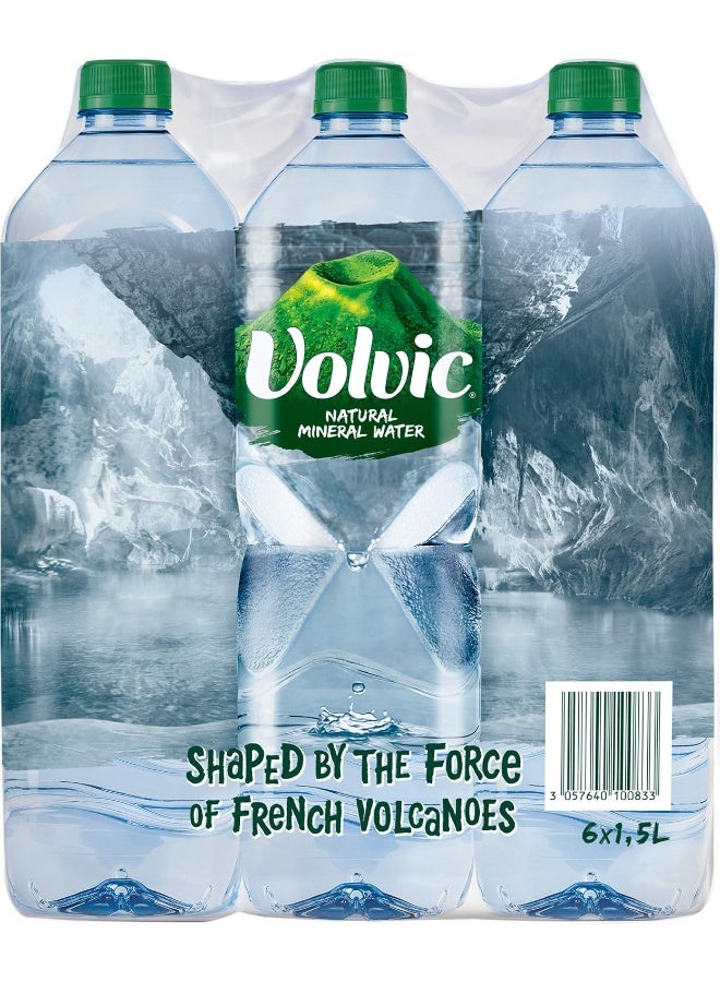 Volvic مياه فوليك الطبيعية، مياه معدنية للشرب، زجاجة مياه مستدامة المصدر، علبة من 6 × 1.5 لتر من زجاجات فوليك - Image 3