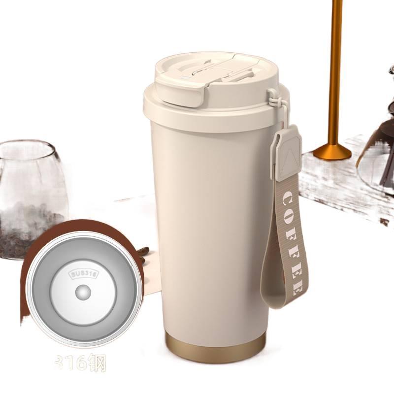 كوب قهوة للسفر بمقبض سهل الحمل وغطاء بشفاط من ستانلس ستيل مع بطانة خزفية، 500 ml، أسود مع غطاء بقشة مع مقبض من الستانلس ستيل باللون الأسود للعائلة أثناء التنقل لترتيب الأغراض - Image 1