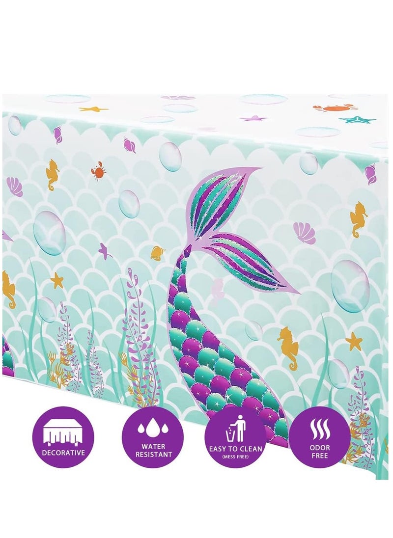 KASTWAVE Mermaid Table Cover, 3 Pack Disposable Printed Plastic Tablecloth Party Supplies for Kids Girls Birthday Baby Mermaid Themed Under The Sea Party Decoration (54 × 108 Inch)  - Image 2