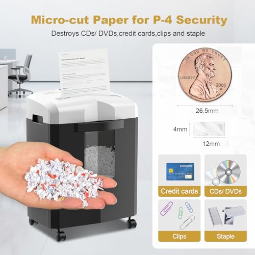 Bonsaii 12-Sheet Micro Cut Paper Shredder, 60-Minute P-4 High Security Shredders for Home Office, Shreds CD/Credit Card/Mail/Staple/Clip, Jam-Proof System with 4.2 Gal Pullout Bin (C266-BW) - Image 4