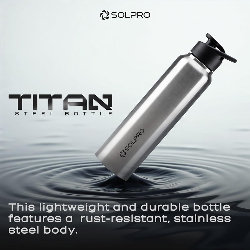 SOLPRO زجاجة ماء من الفولاذ المقاوم للصدأ سعة 1000 مل معتمدة من ISI للمكتب والمدرسة والجامعة والسفر والصالة الرياضية واليوغا والتخييم والرياضة في الهواء الطلق للرجال والنساء والرياضيين والأطفال والطلاب، خالية من التسرب و BPA (فولاذ) - Image 2