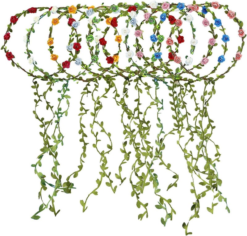 Flower wreath headband 10-piece set (1 each in blue, purple, orange, white, green, rose red, red, sky blue, pink, and beige, for travel and festivals) - Image 1