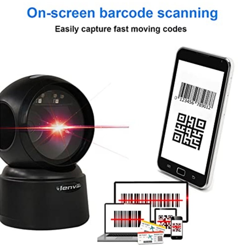 D7800 Desktop 2D Barcode Scanner 1 unit for retail checkout counters, durable plastic housing, fast omnidirectional scanning of QR and barcodes including mobile screens, black, plug-and-play USB with auto-sensing - Image 3