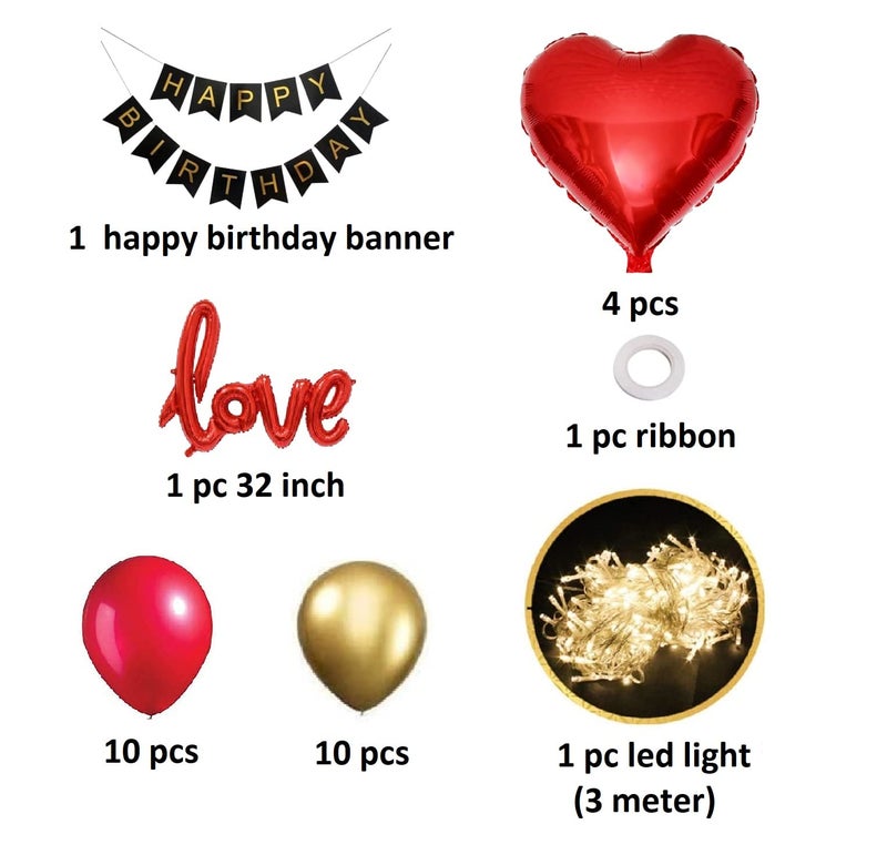 FI - FLICK IN 40 pcs Happy Birthday Decorations Combo Metallic Love Foil Balloon Led Light Decor Happy Birthday Birthday Decoration Items for Kids Adults Husband & Wife (Pack of 40,Multicolor) - Image 2