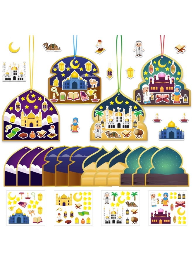 حفلة مثمرة 36 قطعة من مجموعات الحرف اليدوية لعيد مبارك ملصقات مشهد مسجد للأطفال، 12 بطاقة + 12 ملصق + 12 حبل ملون ملصقات رمضانية إسلامية هدية كبيرة الحجم زينة معلقة، ملصقات عيد الفطر DIY للزينة في الحفلات والأنشطة الصفية - Image 1