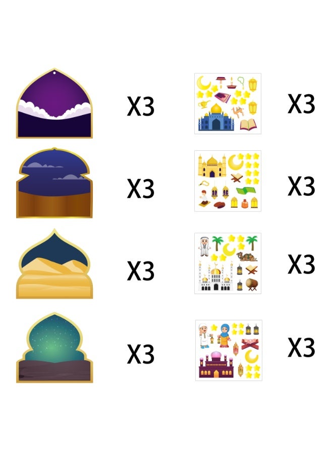 حفلة مثمرة 36 قطعة من مجموعات الحرف اليدوية لعيد مبارك ملصقات مشهد مسجد للأطفال، 12 بطاقة + 12 ملصق + 12 حبل ملون ملصقات رمضانية إسلامية هدية كبيرة الحجم زينة معلقة، ملصقات عيد الفطر DIY للزينة في الحفلات والأنشطة الصفية - Image 2