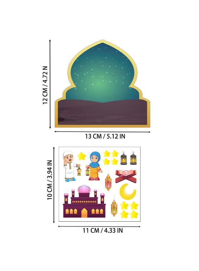 حفلة مثمرة 36 قطعة من مجموعات الحرف اليدوية لعيد مبارك ملصقات مشهد مسجد للأطفال، 12 بطاقة + 12 ملصق + 12 حبل ملون ملصقات رمضانية إسلامية هدية كبيرة الحجم زينة معلقة، ملصقات عيد الفطر DIY للزينة في الحفلات والأنشطة الصفية - Image 3