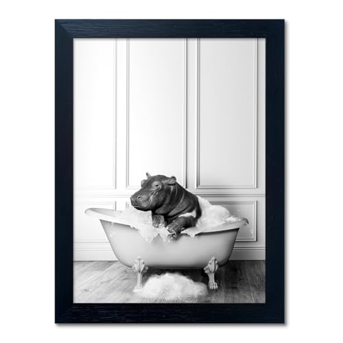 Melpa Art Black and White Bathroom Wall Decor Funny Hippo in Bathtub Wall Art Framed Humor Bathroom Signs Cute Animal Cnvas Print Artwork - Image 1