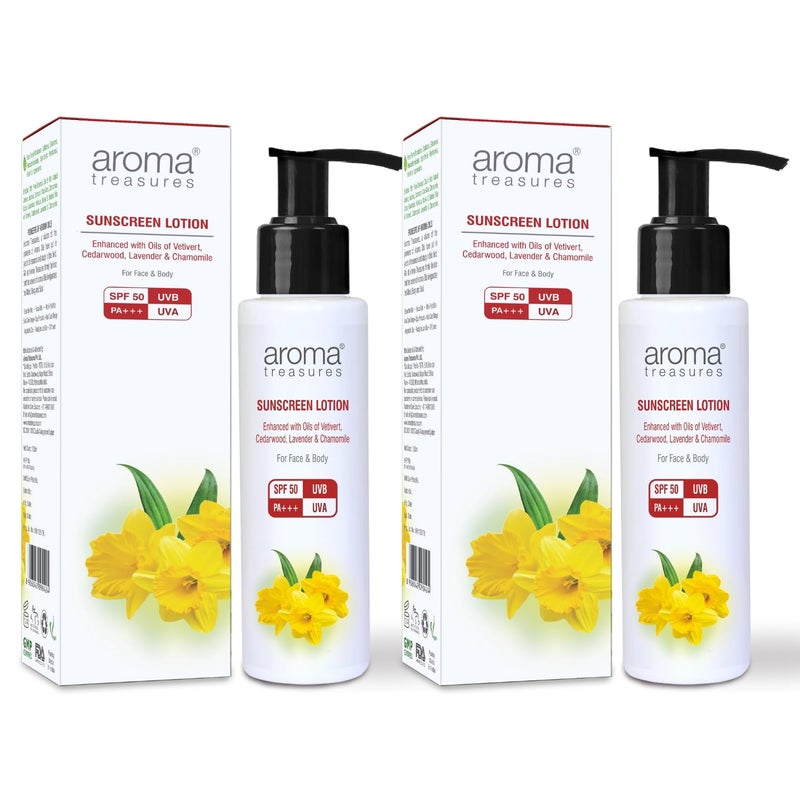 Aroma Treasures Sunscreen Lotion with SPF 50  Waterresistant  UVAUVB protection Infused Lavender Chamomile  Vetivert  Easytoapply for all skin types face  body  SPF 50  100gm Pack of 2 - Image 1