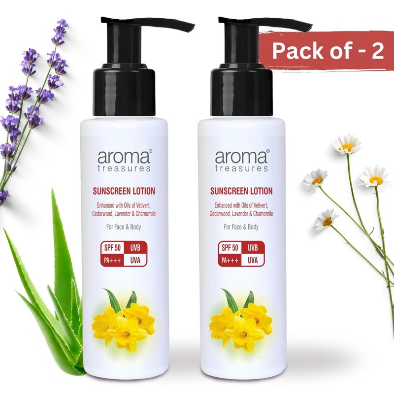 Aroma Treasures Sunscreen Lotion with SPF 50  Waterresistant  UVAUVB protection Infused Lavender Chamomile  Vetivert  Easytoapply for all skin types face  body  SPF 50  100gm Pack of 2 - Image 2