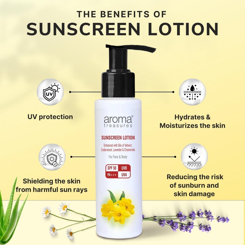Aroma Treasures Sunscreen Lotion with SPF 50  Waterresistant  UVAUVB protection Infused Lavender Chamomile  Vetivert  Easytoapply for all skin types face  body  SPF 50  100gm Pack of 2 - Image 4