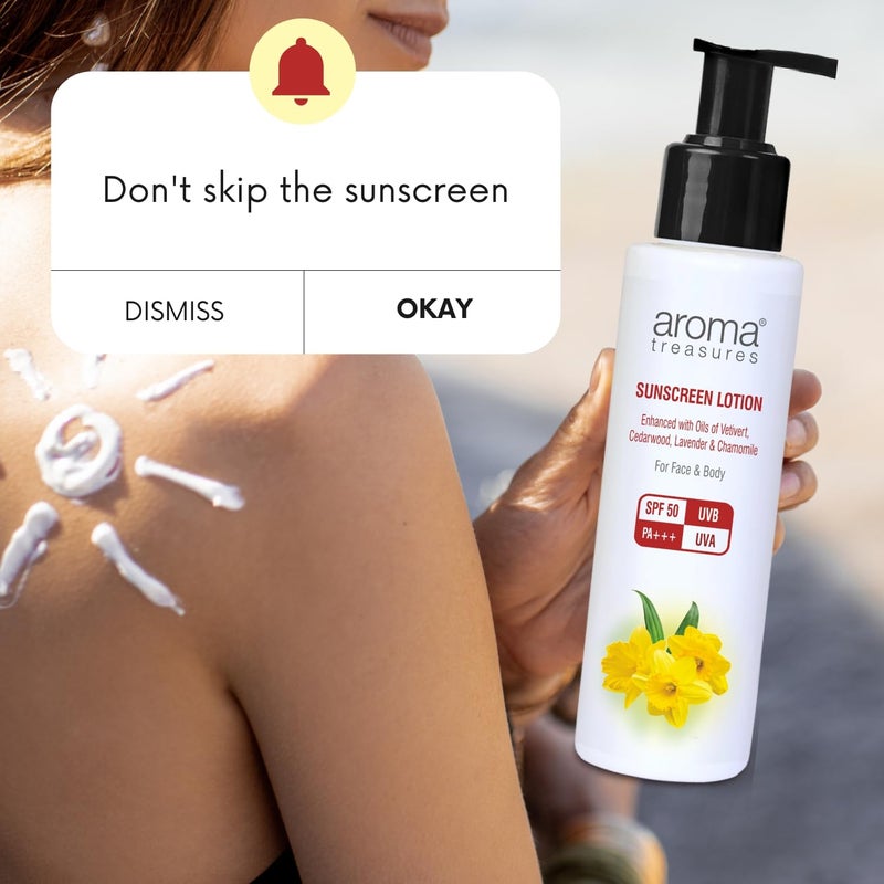 Aroma Treasures Sunscreen Lotion with SPF 50  Waterresistant  UVAUVB protection Infused Lavender Chamomile  Vetivert  Easytoapply for all skin types face  body  SPF 50  100gm Pack of 2 - Image 3