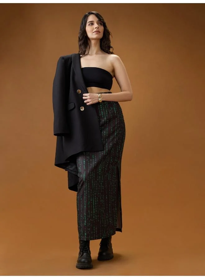 globus Globus Women Black & Green Digital Print Mid-Rise Side Slit Straight Midi Skirt