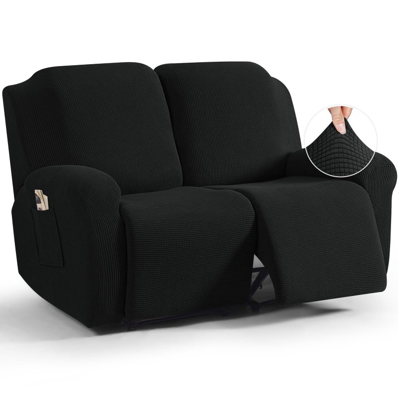 TAOCOCO Recliner Loveseat Slipcover 6 Pieces Dual Recliner Sofa Covers for 2 Seat Dual Reclining Loveseat Couch Stretch Soft Jacquard Pattern Furniture Protector with Elasticity Black