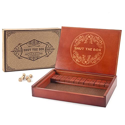 AMEROUS Shut The Box Dice Game，Wooden Board Table Math Game with Lid - 6 Dice - Gift Package - Rules, Classic Board Game for Kids Adults, Family - Image 1