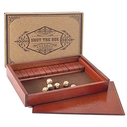 AMEROUS Shut The Box Dice Game，Wooden Board Table Math Game with Lid - 6 Dice - Gift Package - Rules, Classic Board Game for Kids Adults, Family - Image 3