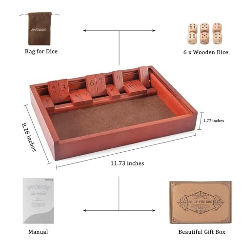 AMEROUS Shut The Box Dice Game，Wooden Board Table Math Game with Lid - 6 Dice - Gift Package - Rules, Classic Board Game for Kids Adults, Family - Image 5