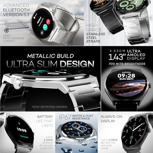 Pebble Royale Steel Luxury Metal Smartwatch | Ultra-Slim Stainless Steel Body, 1.43” Ultra AMOLED Display, Always-On Display, Bluetooth Calling, DIY Watch Faces (Black) - Image 3