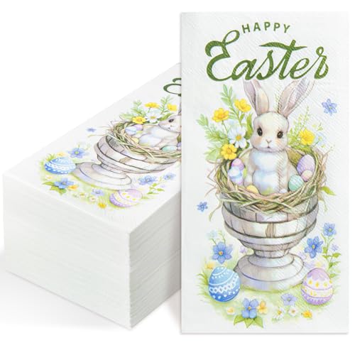 Yoshiky 50 Sheet Happy Easter Napkins Bunny Flower Easter Eggs Disposable Decorative Hand Spring Paper Napkin for Decoupage Kitchen Party Supplies Table Decor, 15.7 x 13 Inch - Image 1