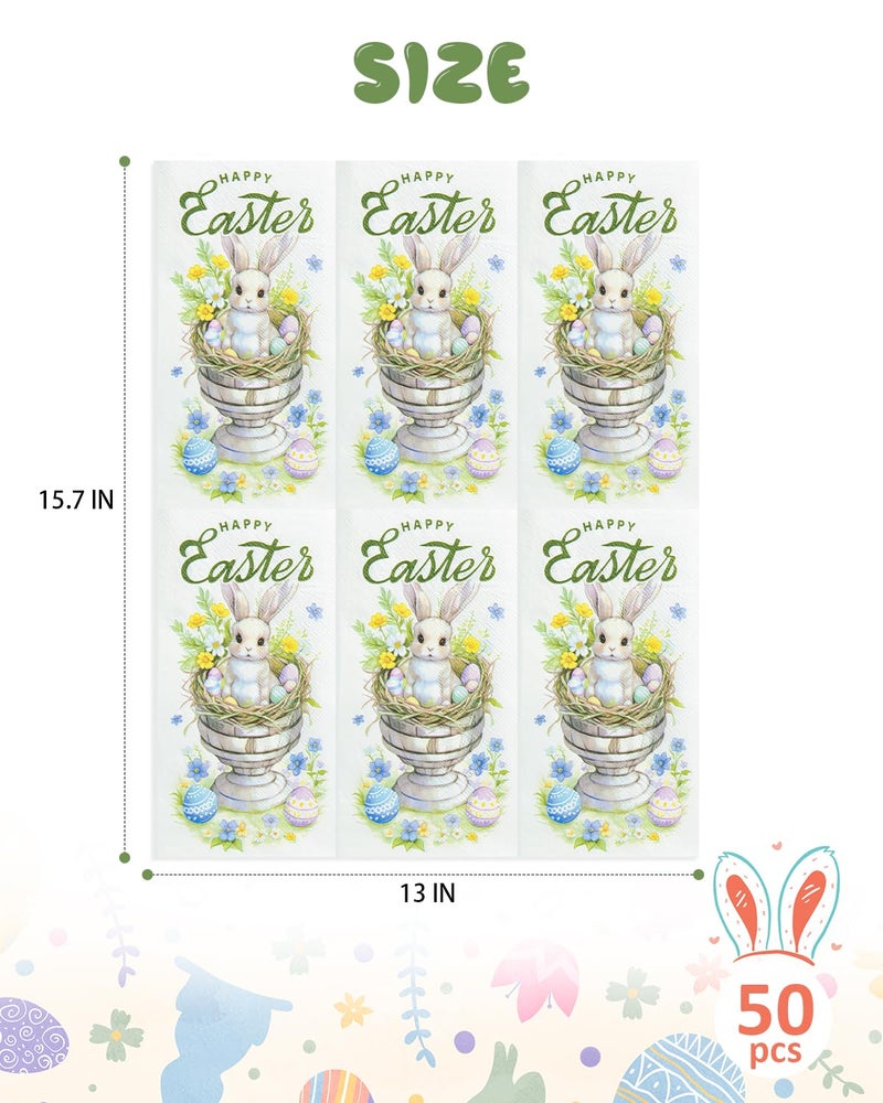 Yoshiky 50 Sheet Happy Easter Napkins Bunny Flower Easter Eggs Disposable Decorative Hand Spring Paper Napkin for Decoupage Kitchen Party Supplies Table Decor, 15.7 x 13 Inch - Image 2