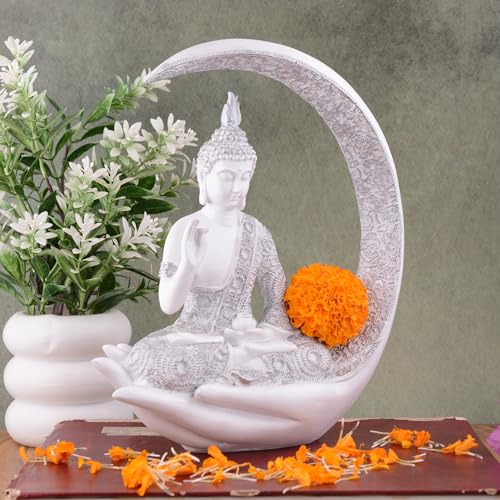 zart Samadhi Buddha Sitting On Chand for Home Decor (White), 10 cm , 8 cm - Image 2
