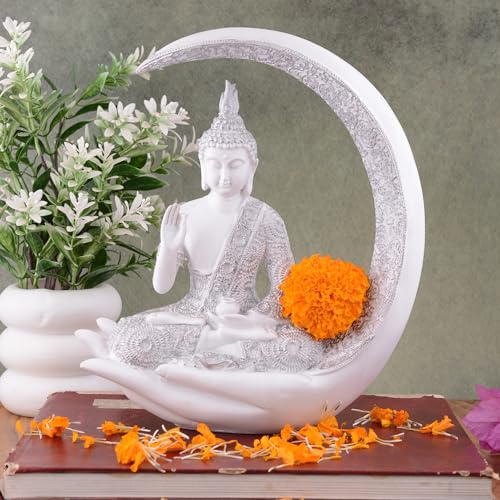 zart Samadhi Buddha Sitting On Chand for Home Decor (White), 10 cm , 8 cm - Image 1