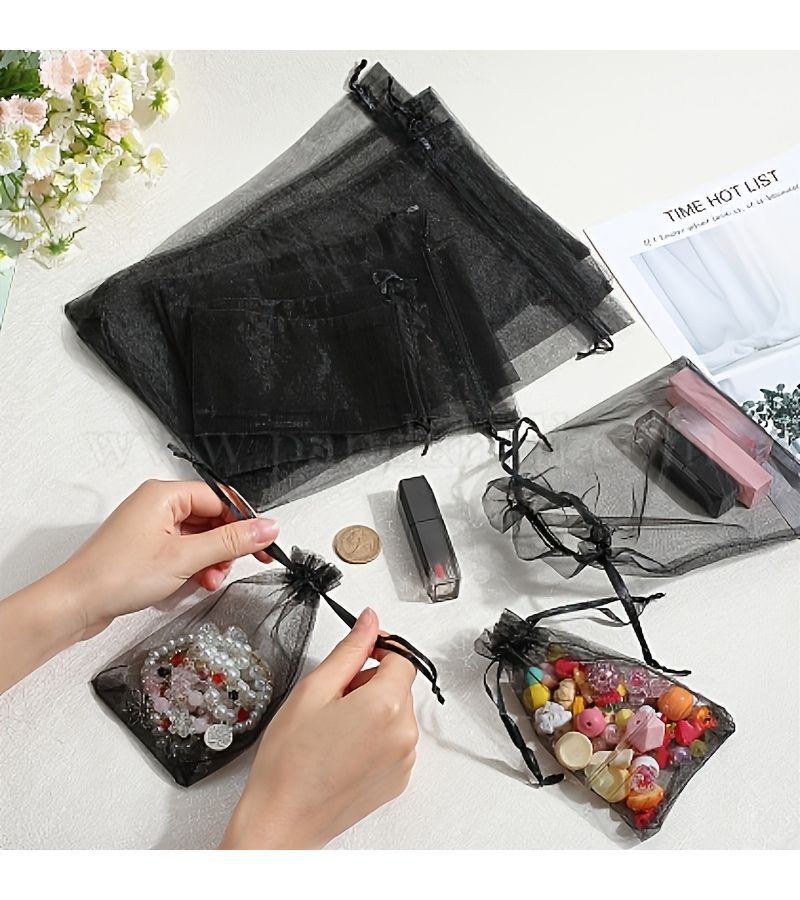 100 Pcs Black Mesh Drawstring Bags 15 x 20 cm Sheer Reusable Gift Bags with Satin Ribbon for Wedding Birthday Party Favor Soap Candle Craft Valentine New Year - Image 3