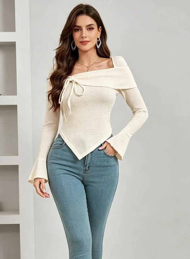 Take Two Cream Asymmetric Neck Fitted Knit Top