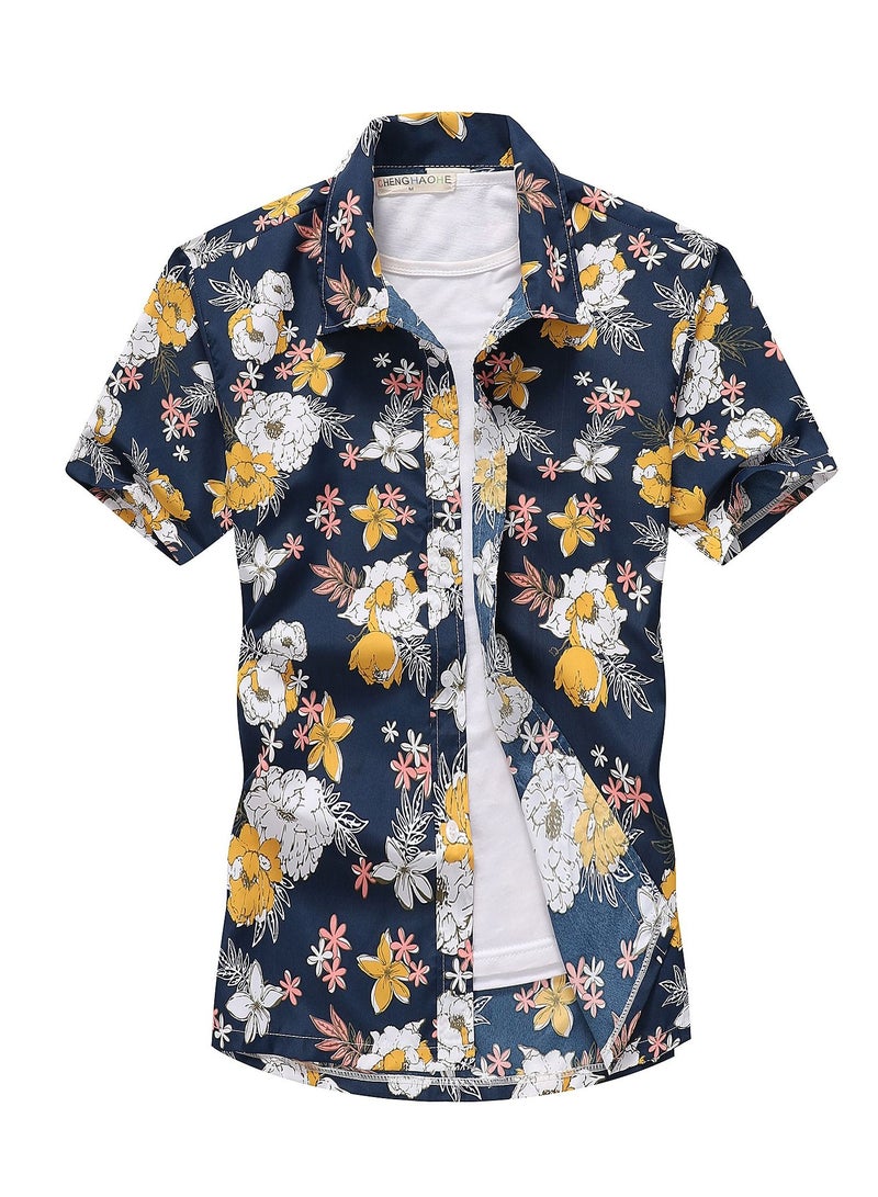 Loquat Summer Short Sleeve Shirt Men's Loose Beach Shirt Hawaii Printed Shirt 