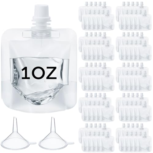 Seeloowy 100 Pcs Plastic Pouches Bulk Clear Juice Bags Squeeze Pouches Plastic Leak Proof Bags with Funnel for Party Favors (1 oz) - Image 1
