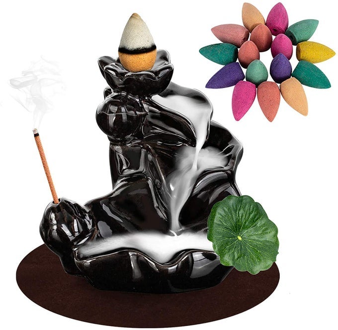 Waterfall Incense Holder Backflow Cone Ceramic Burner Handcrafted Porcelain Censer Incense Stick Stand with 20 Free Cones