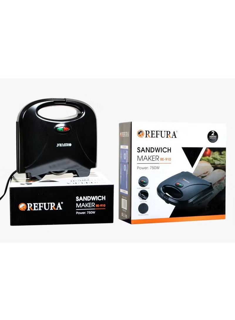 REFURA "RE-910 750W 2-Slice Sandwich & Panini Maker – Non-Stick Plates, Handle Lock, Overheat Protection, Indicator Light – Compact Grill Machine" - Image 5
