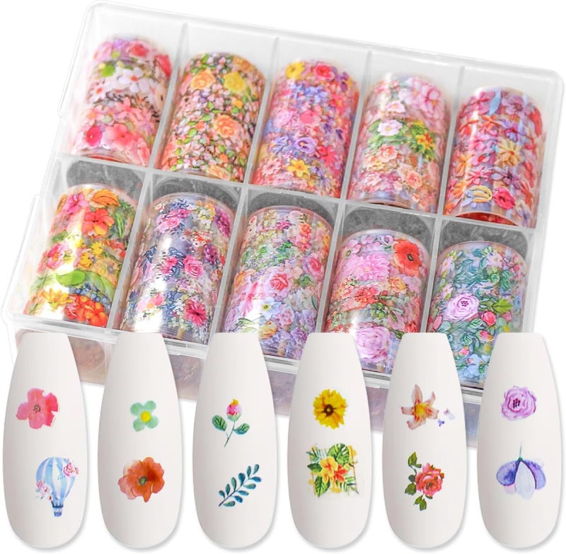 SILPECWEE 10 Rolls Flower Nail Foil Holographic Nail Art Foil Nail Transfer Foil Flower Nail Stickers Decals Fingernail Wraps Nail Decoration for Acrylic Nails