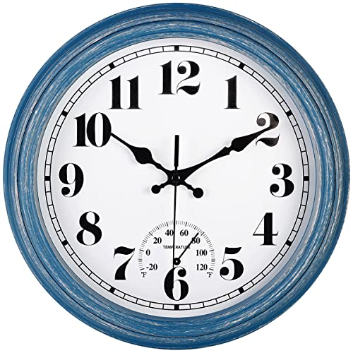 JENLYSTIME JENLYSTIME 12 Inch IndoorOutdoor Retro Waterproof Wall Clock with Thermometer Silent Round Quartz Battery Operated Easy to Read Decorative for Kitchen PatioBathroomDeckPorchPoolBlue 