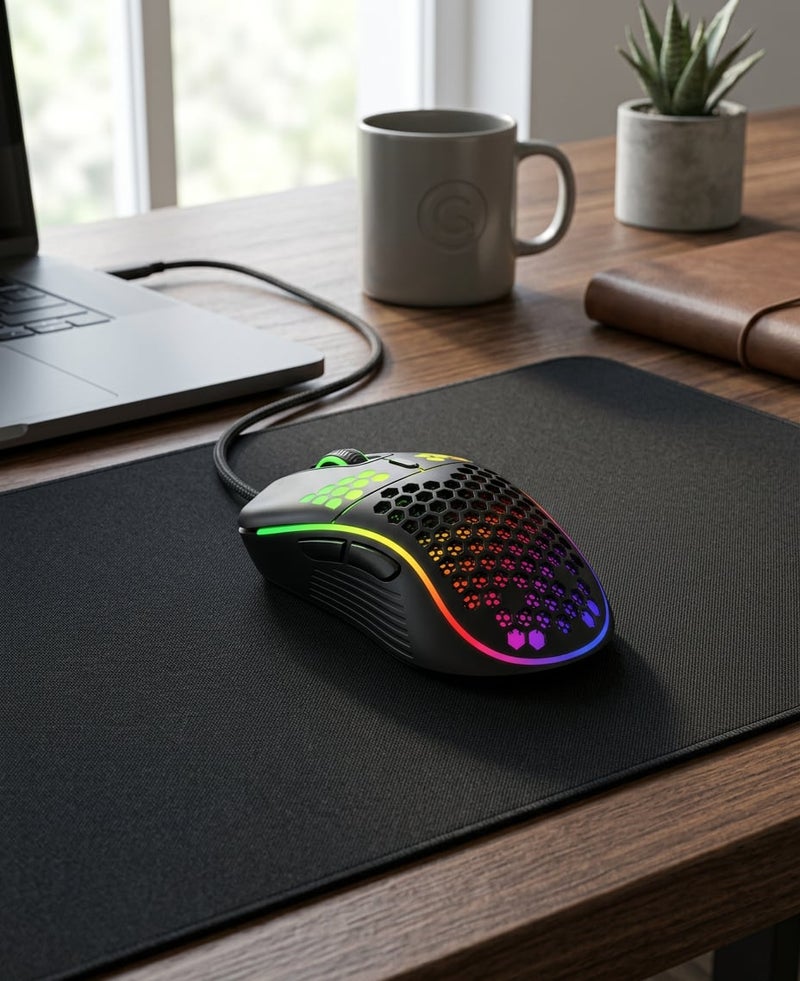 أر8 ماوس ألعاب بصري R8 1619A بتصميم مريح وإضاءة RGB رائعة 6 أنماط، ماوس سلكي احترافي للألعاب والعمل، تصميم مريح لليد ويناسب أنظمة ويندوز وماك، أسود اللون - Image 3