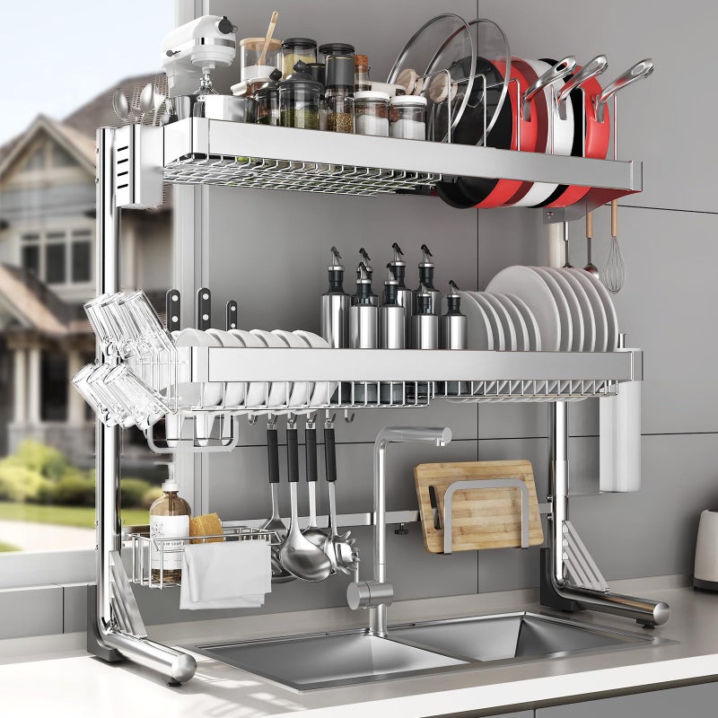 CUISIBOT Over The Sink Dish Drainer Drying Rack 3 Tier, Full Stainless Steel Dish Drying Rack Adjustable Length 20.9''-37.4'' , Kitchen Sink Shelf, Organized Space-Saving Dish Rack with Pots and Pans Rack - Image 1