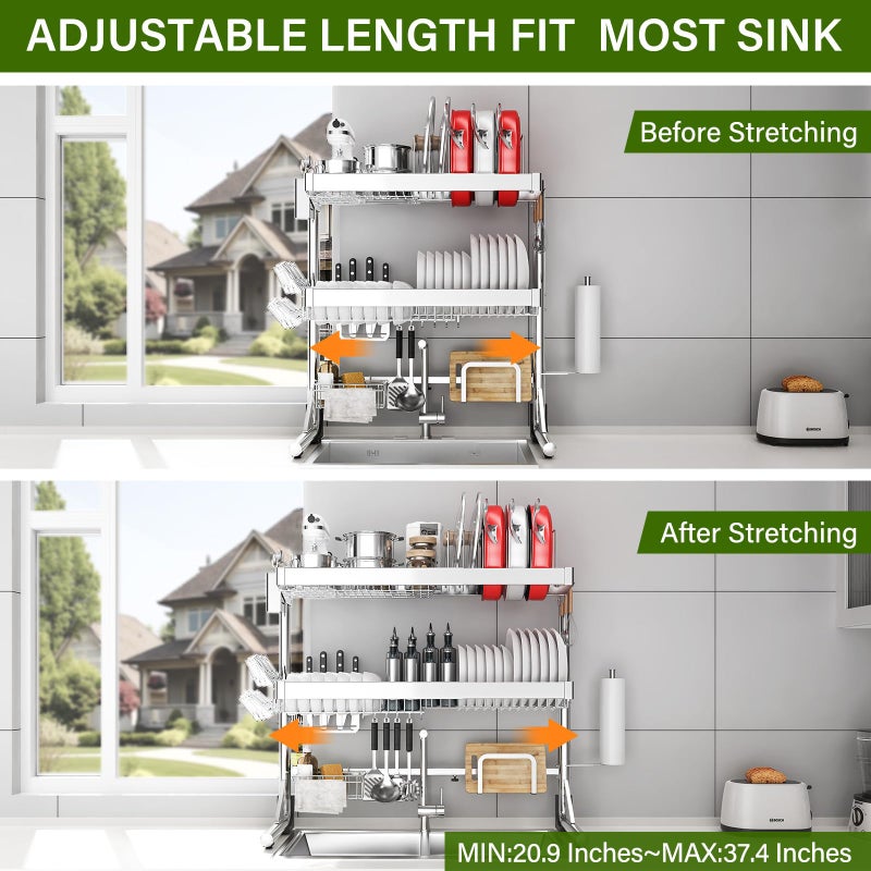 CUISIBOT Over The Sink Dish Drainer Drying Rack 3 Tier, Full Stainless Steel Dish Drying Rack Adjustable Length 20.9''-37.4'' , Kitchen Sink Shelf, Organized Space-Saving Dish Rack with Pots and Pans Rack - Image 3