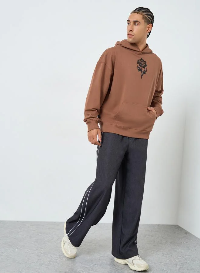 Styli Men Brown Floral Print Fleece Hoodie