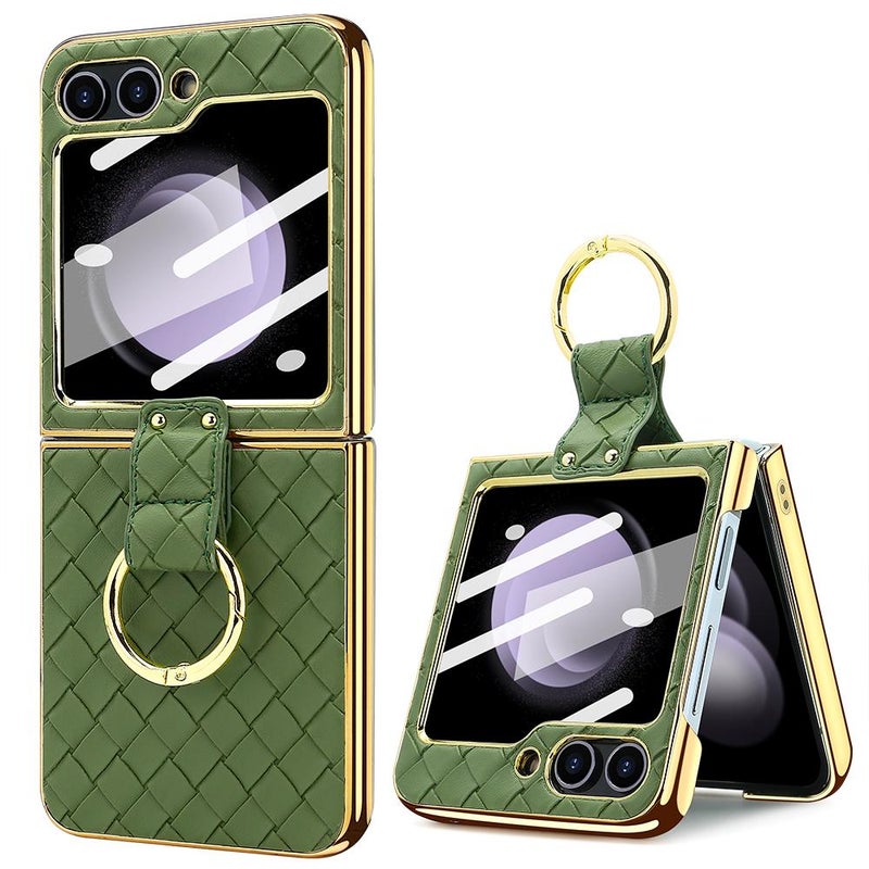HuHa Protective Cover For Samsung Galaxy Z Flip6 / Flip7 FE VIETAO Woven Leather Metal Ring Phone Case(Green) - Image 1