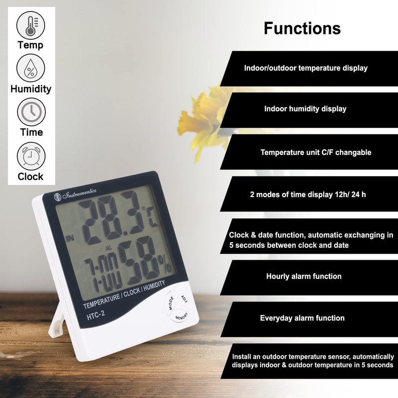 DGARYS Plastic Indoor Outdoor Temperature Humidity Hygrometer, Temperature, Humidity, Calendar, Clock, Alarm, Tabletop Or Wall Mount Htc-2 - Image 5