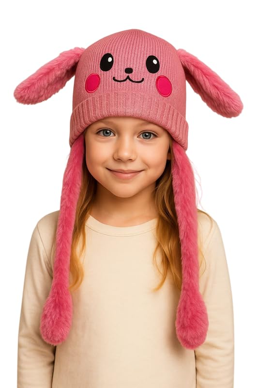 Krystle Adorable Moving Ears Hat – Soft Plush Cartoon Animal Cap for Kids & Adults, Warm Winter Bunny Earflap Beanie (Pink,5-12 Years) - Image 5