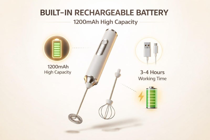 Konquer TimeS Rechargeable Handheld Milk Frother 3 Speed Electric Coffee Frother with Dual Whisks, Stand-Up Design for Lattes, Cappuccinos, Cream, and Buttermilk, Rechargable 1200 mAh Batterie - Image 3