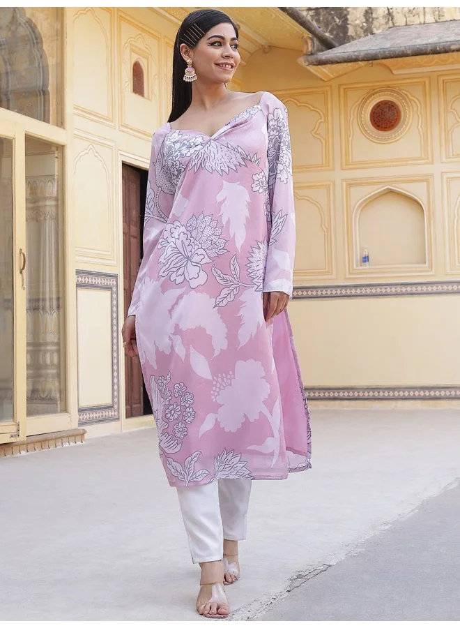 AKS Pink Floral Print Twisted Neck Kurta
