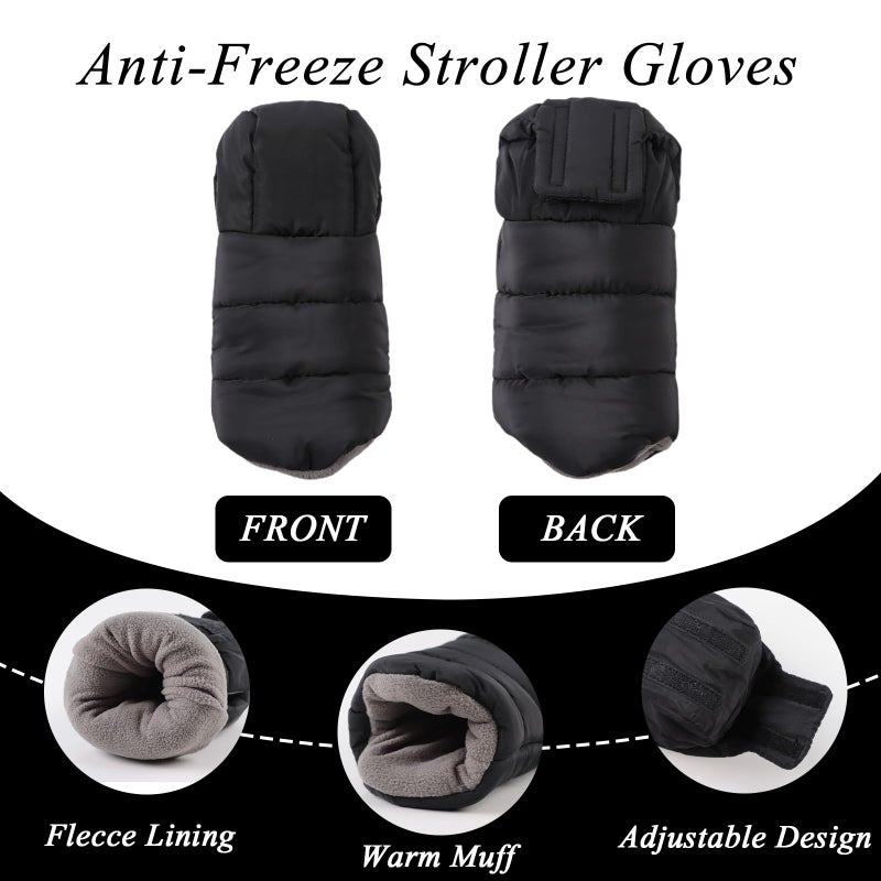 Zsedrut Stroller Gloves Universal Winter Anti-Freeze Stroller Mittens Water Repellent Hand Warmer Muff Fleece Lined,Winter Stroller Accessories (Black) - Image 2