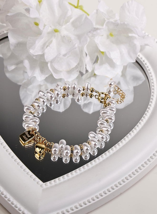 Aliyoham Gold Pearl Bracelet for Women，Pearl Bracelet with Good Luck Charm, Adjustable Dainty Gold Beaded Stackable Jewelry Gift - Image 3