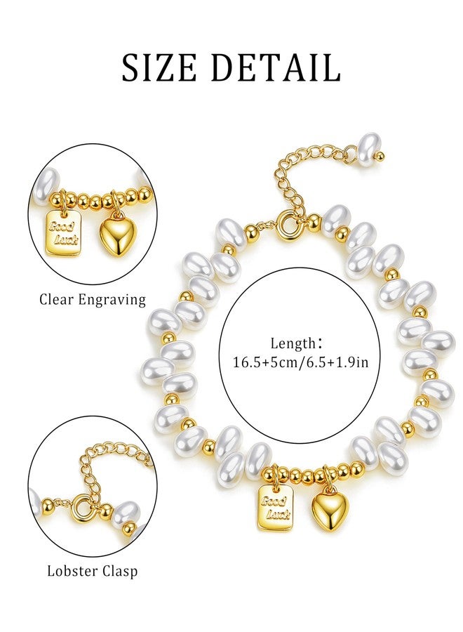 Aliyoham Gold Pearl Bracelet for Women，Pearl Bracelet with Good Luck Charm, Adjustable Dainty Gold Beaded Stackable Jewelry Gift - Image 4