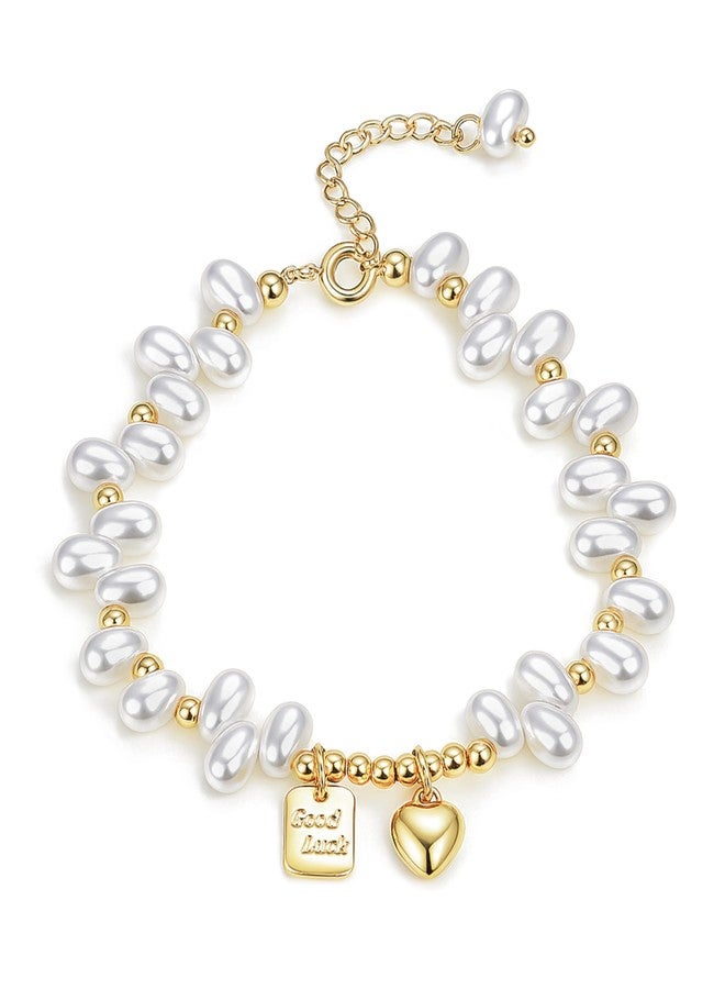Aliyoham Gold Pearl Bracelet for Women，Pearl Bracelet with Good Luck Charm, Adjustable Dainty Gold Beaded Stackable Jewelry Gift - Image 1