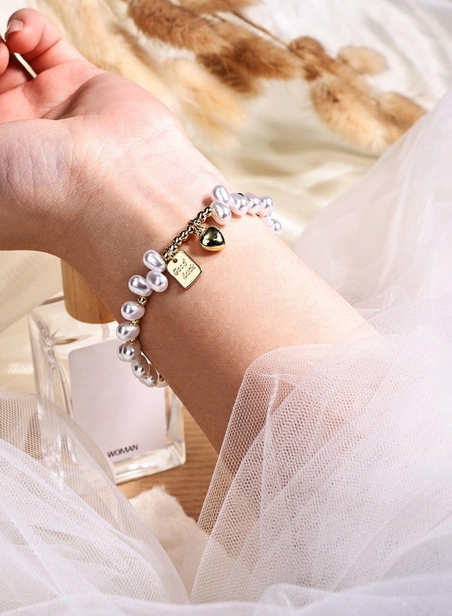 Aliyoham Gold Pearl Bracelet for Women，Pearl Bracelet with Good Luck Charm, Adjustable Dainty Gold Beaded Stackable Jewelry Gift - Image 5