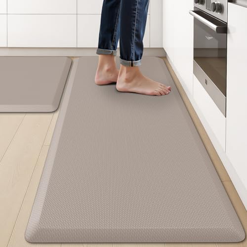 KitchenClouds 2PCS Kitchen Rugs Cushioned Anti-Fatigue Non-Slip Waterproof Kitchen Mat Comfort Foam Standing Mat for Floor Office Sink Laundry (Khaki) - Image 1